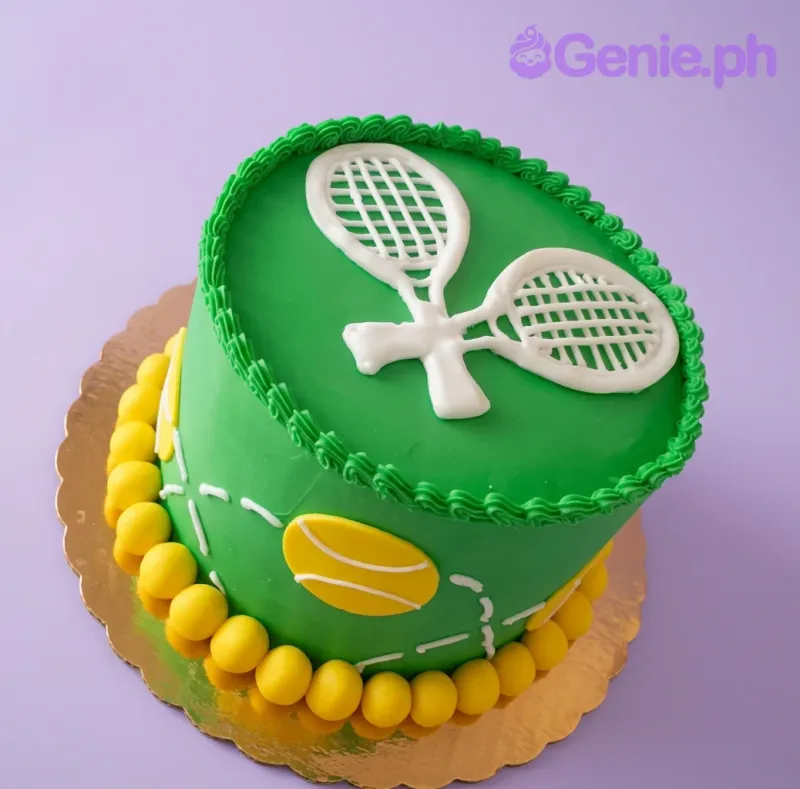 A green and white 1-tier cake themed around Tennis Sports, featuring two white tennis rackets and yellow tennis balls with dashed court lines. A green and white 1-tier cake themed around Tennis Sports, featuring two white tennis rackets and yellow tennis balls with dashed court lines.
