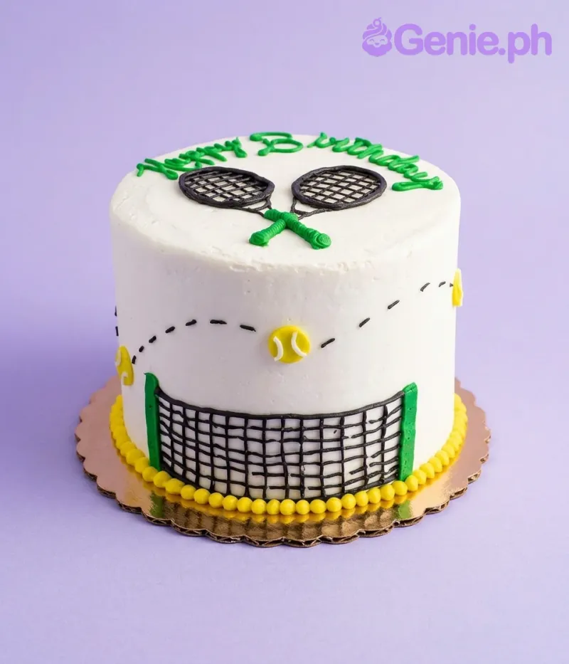 A white 1-tier tennis-themed cake, featuring piped tennis rackets, a net, a yellow tennis ball, and green 'Happy Birthday' text. A white 1-tier tennis-themed cake, featuring piped tennis rackets, a net, a yellow tennis ball, and green 'Happy Birthday' text.