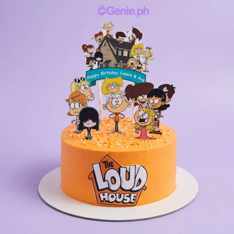 A vibrant orange and white 1-tier cake themed around The Loud House, featuring character printouts and sprinkles. A vibrant orange and white 1-tier cake themed around The Loud House, featuring character printouts and sprinkles.