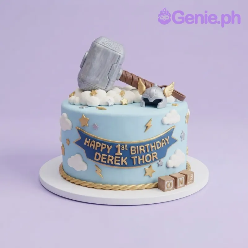 Sky blue 1-tier fondant cake with smooth icing, a Thor theme, a hammer topper, and a navy banner Sky blue 1-tier fondant cake with smooth icing, a Thor theme, a hammer topper, and a navy banner