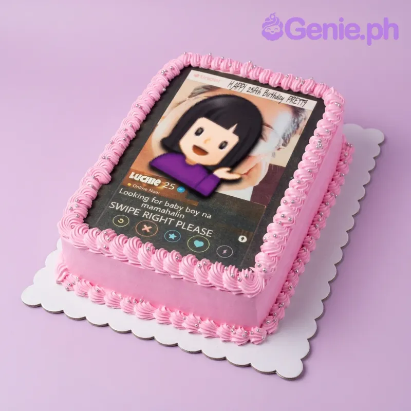 A pink rectangle cake themed around Tinder, featuring an edible Tinder profile print, pink icing rosettes, and silver dragees. A pink rectangle cake themed around Tinder, featuring an edible Tinder profile print, pink icing rosettes, and silver dragees.