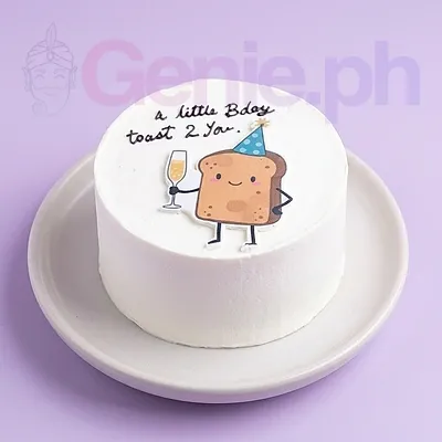 A white 1-tier cake themed around Toast Birthday, featuring a toast character with a party hat and champagne glass, and black icing text. A white 1-tier cake themed around Toast Birthday, featuring a toast character with a party hat and champagne glass, and black icing text.