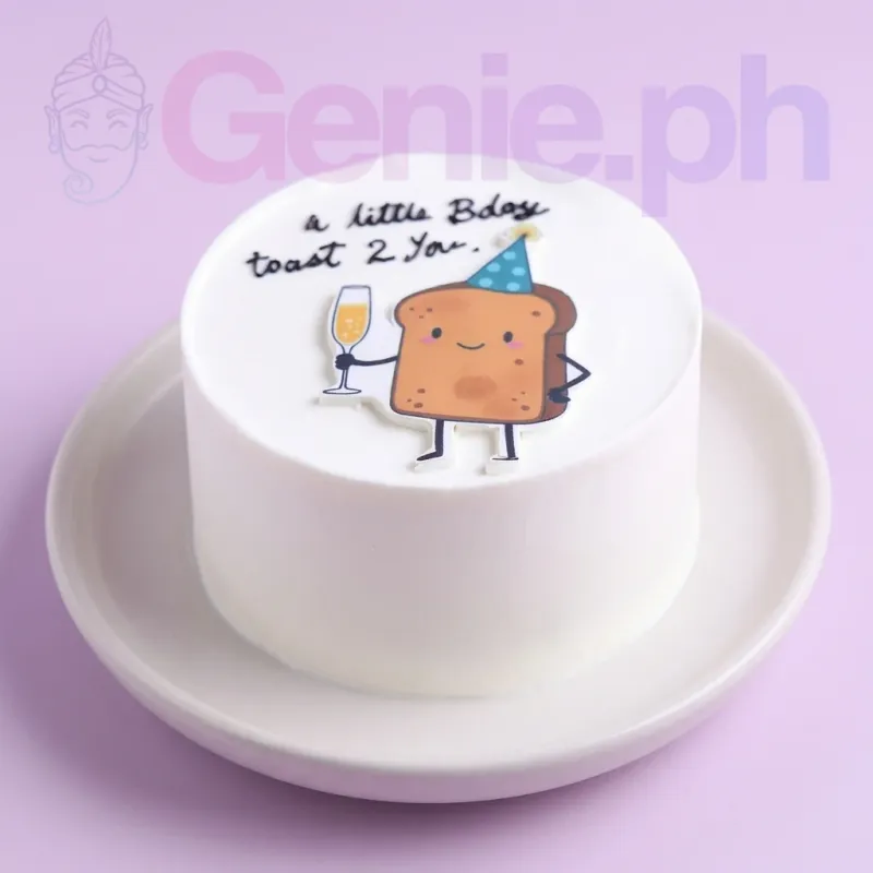 A white 1 Tier bento cake themed around Toast Birthday, featuring a toast character holding a champagne glass and a birthday message. A white 1 Tier bento cake themed around Toast Birthday, featuring a toast character holding a champagne glass and a birthday message.