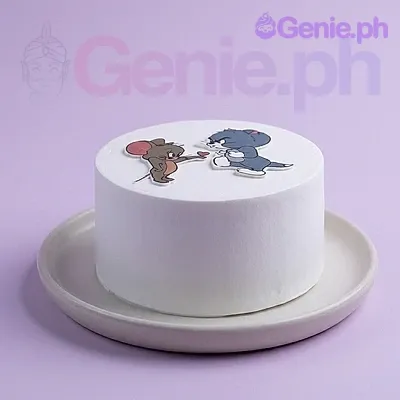 A white 1-tier cake themed around Tom And Jerry, featuring a Tom and Jerry character illustration printout. A white 1-tier cake themed around Tom And Jerry, featuring a Tom and Jerry character illustration printout.