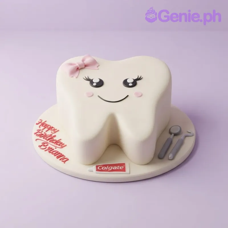 White 1-tier fondant tooth cake with smooth icing, a light pink bow, and piped facial features White 1-tier fondant tooth cake with smooth icing, a light pink bow, and piped facial features