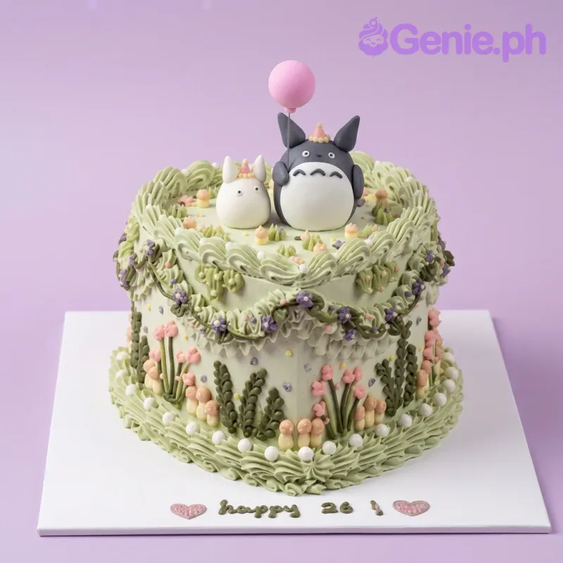 Light green single tier cake with Totoro and small white character toppers and piped garden icing decorations Light green single tier cake with Totoro and small white character toppers and piped garden icing decorations