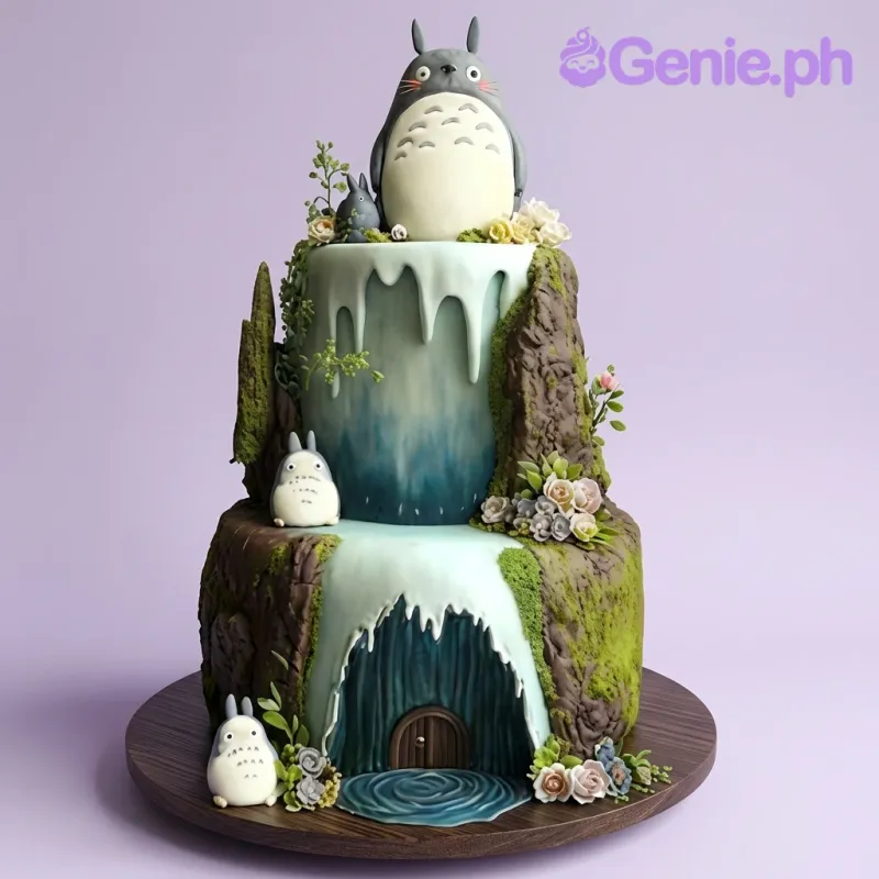 Two-tier Totoro themed fondant cake with grey Totoro figures and a waterfall design Two-tier Totoro themed fondant cake with grey Totoro figures and a waterfall design