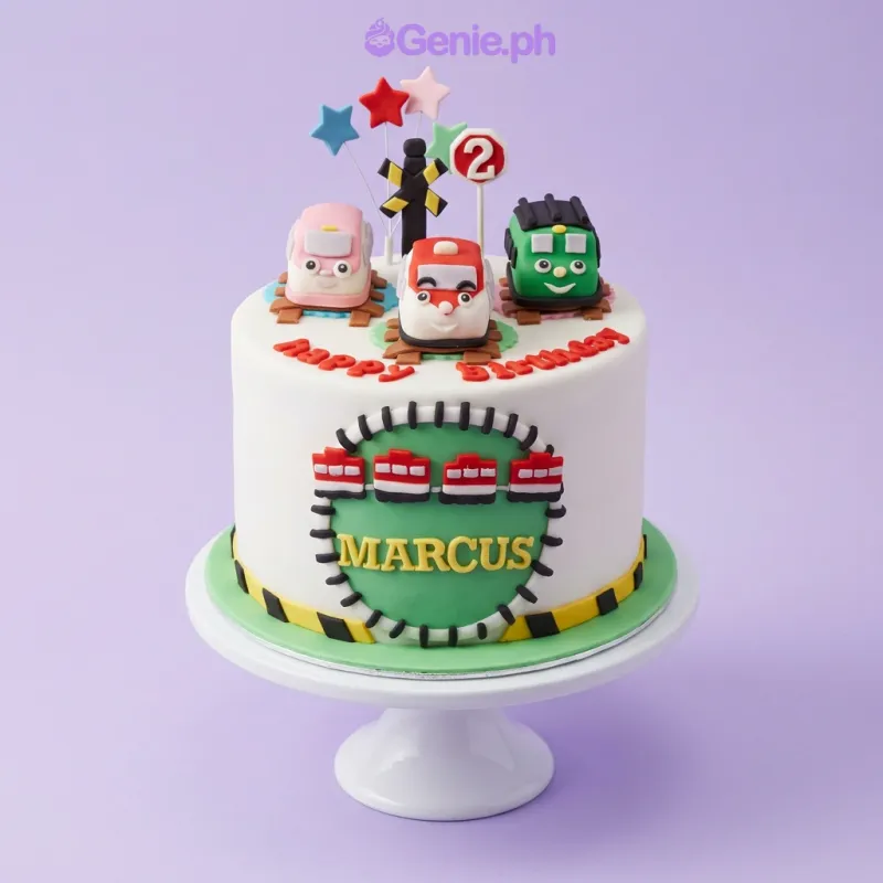 White fondant cake with three train figurines, a railroad crossing sign, and a personalized train-themed side panel. White fondant cake with three train figurines, a railroad crossing sign, and a personalized train-themed side panel.