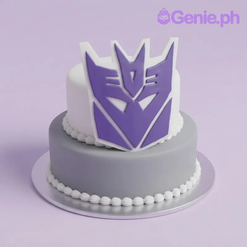 Silver and white 2-tier fondant cake with smooth icing finish, Transformers theme, and a large purple Decepticon logo Silver and white 2-tier fondant cake with smooth icing finish, Transformers theme, and a large purple Decepticon logo