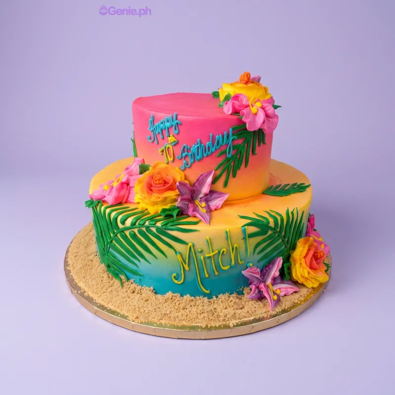 A pink, orange, and teal gradient 2-tier Tropical Paradise cake, featuring hibiscus flowers and palm leaves. A pink, orange, and teal gradient 2-tier Tropical Paradise cake, featuring hibiscus flowers and palm leaves.