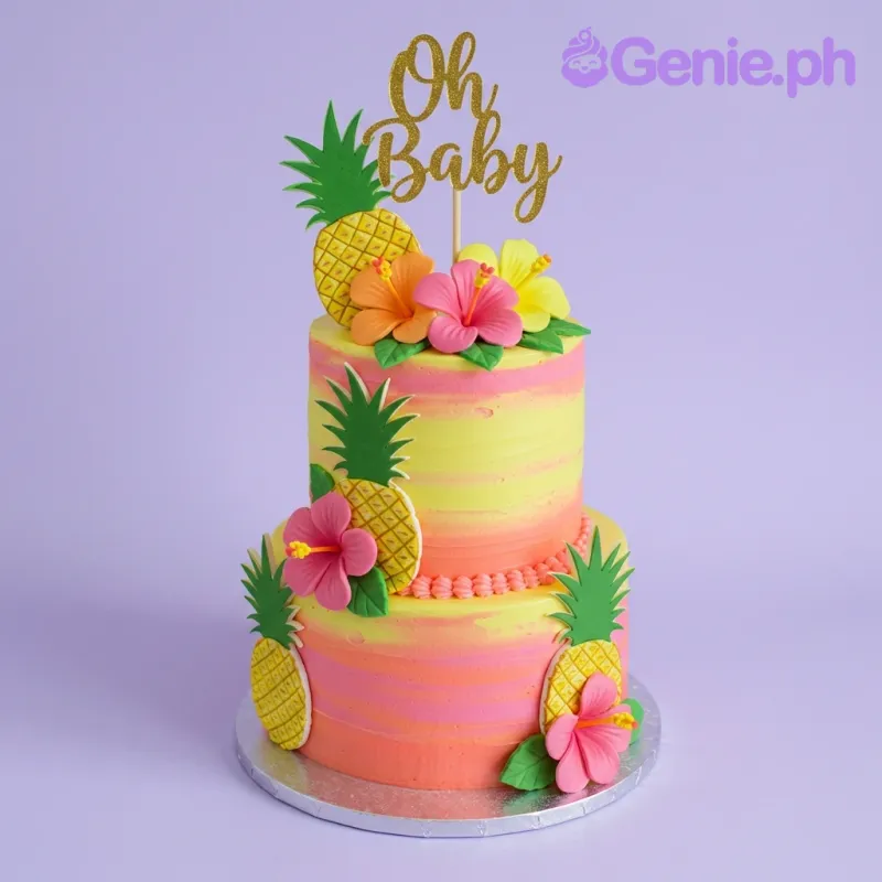 A yellow and pink 2-tier Tropical Pineapple cake, featuring a gold 'Oh Baby' topper, pineapple printouts, and hibiscus flowers. A yellow and pink 2-tier Tropical Pineapple cake, featuring a gold 'Oh Baby' topper, pineapple printouts, and hibiscus flowers.