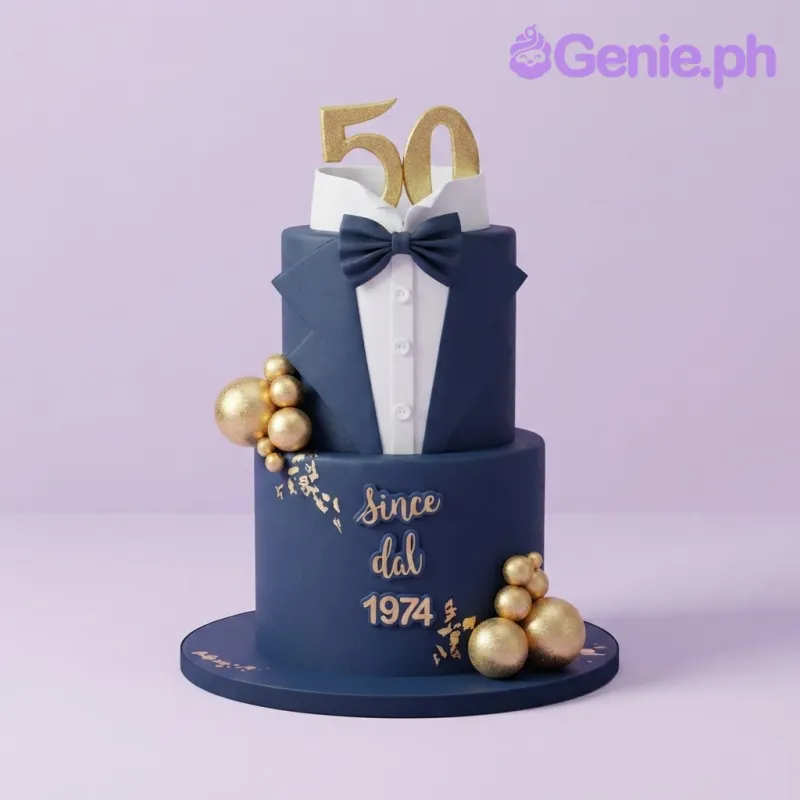 Navy blue 2-tier fondant tuxedo cake with a white shirt panel, bow tie, gold 50 topper, and gold spheres Navy blue 2-tier fondant tuxedo cake with a white shirt panel, bow tie, gold 50 topper, and gold spheres