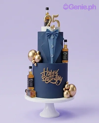 Navy blue two-tier tuxedo cake with gold number 25 topper, whiskey bottles, and gold spheres. Navy blue two-tier tuxedo cake with gold number 25 topper, whiskey bottles, and gold spheres.