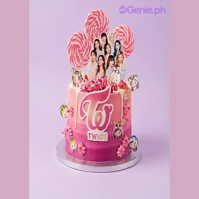 Pink gradient 1-tier cake with TWICE K-pop group printout toppers and white drip icing Pink gradient 1-tier cake with TWICE K-pop group printout toppers and white drip icing