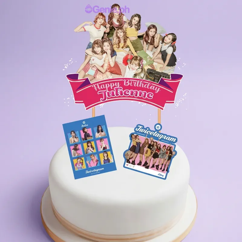 White single-tier cake with TWICE K-pop group photo topper and Happy Birthday Julienne banner White single-tier cake with TWICE K-pop group photo topper and Happy Birthday Julienne banner