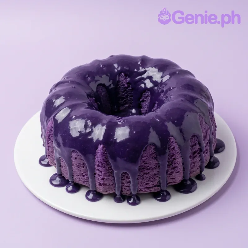 A deep purple 1 Tier Bundt cake themed around Ube, featuring a deep purple glaze drip and Christmas decorations on a white plate. A deep purple 1 Tier Bundt cake themed around Ube, featuring a deep purple glaze drip and Christmas decorations on a white plate.