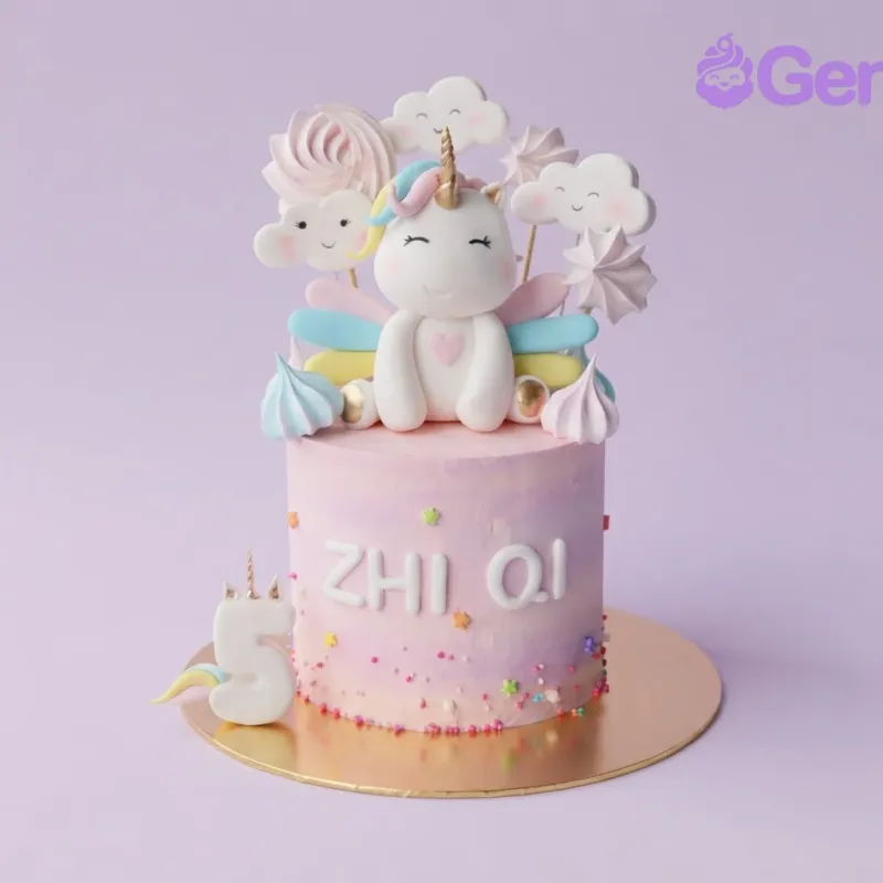 Pastel pink gradient 1-tier cake with a unicorn figurine, fondant clouds, meringue pops, and a number five topper Pastel pink gradient 1-tier cake with a unicorn figurine, fondant clouds, meringue pops, and a number five topper