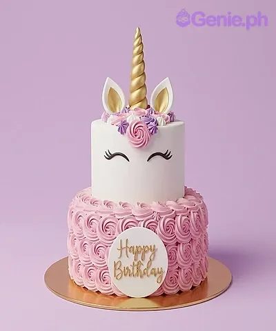 Two-tier white and pink unicorn cake with a gold horn, white ears, black eyes, and pink rosette icing. Two-tier white and pink unicorn cake with a gold horn, white ears, black eyes, and pink rosette icing.