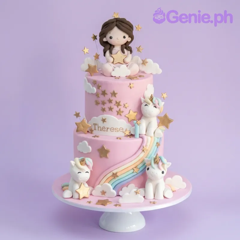 A pink two-tier fondant cake themed around a Unicorn Girl, featuring a girl figurine, three unicorns, rainbows, gold stars, and white clouds. A pink two-tier fondant cake themed around a Unicorn Girl, featuring a girl figurine, three unicorns, rainbows, gold stars, and white clouds.