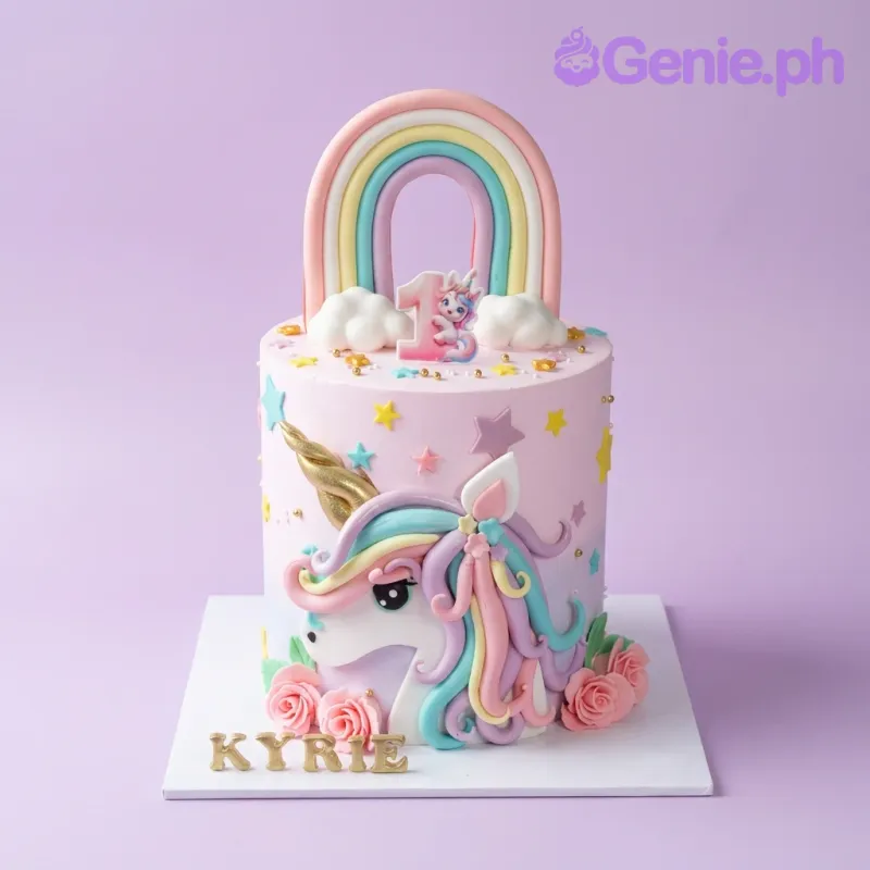A pink and white 1-tier cake themed around Unicorn, featuring a 3D unicorn face, a rainbow topper, and pink icing roses. A pink and white 1-tier cake themed around Unicorn, featuring a 3D unicorn face, a rainbow topper, and pink icing roses.