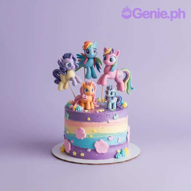 Purple 1 tier cake with soft icing, multiple pony figurines, star sprinkles, and pink fondant flowers Purple 1 tier cake with soft icing, multiple pony figurines, star sprinkles, and pink fondant flowers