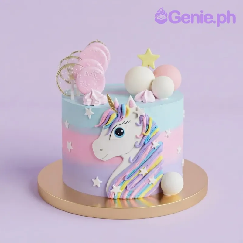 Sky blue and dusty rose 1-tier cake with soft icing, unicorn pastel rainbow theme, and a fondant unicorn head relief Sky blue and dusty rose 1-tier cake with soft icing, unicorn pastel rainbow theme, and a fondant unicorn head relief