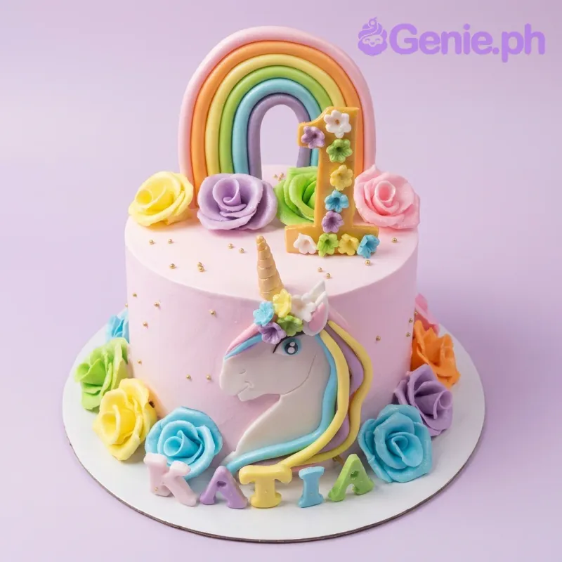 A pink 1 Tier Unicorn cake, featuring a fondant rainbow, number one topper, unicorn face, gumpaste roses, and gold dragees. A pink 1 Tier Unicorn cake, featuring a fondant rainbow, number one topper, unicorn face, gumpaste roses, and gold dragees.