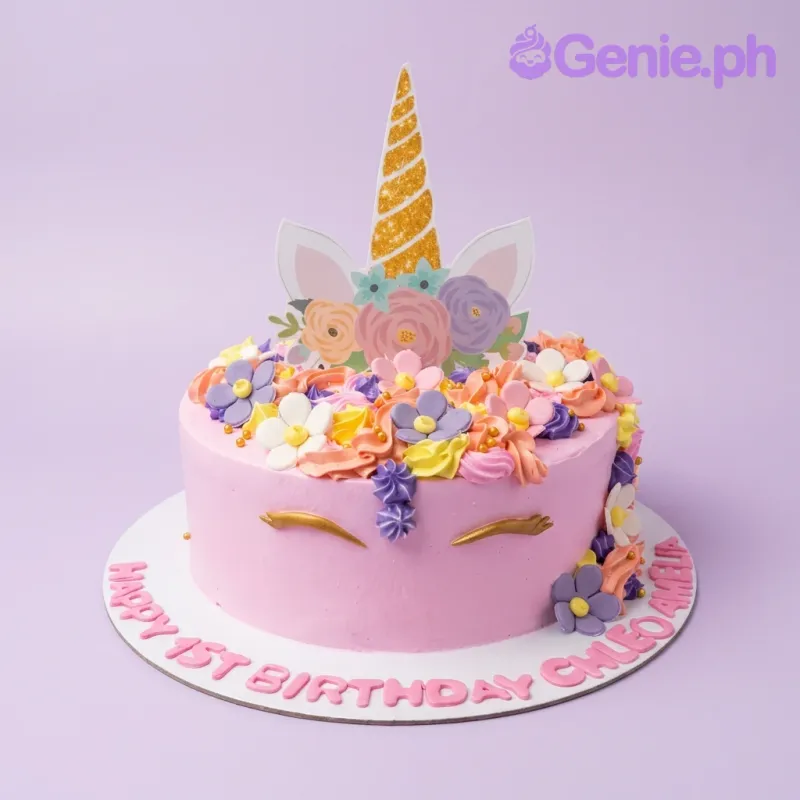 A pink 1-tier Unicorn cake with colorful icing rosettes, edible flowers, and a gold glitter unicorn horn topper. A pink 1-tier Unicorn cake with colorful icing rosettes, edible flowers, and a gold glitter unicorn horn topper.