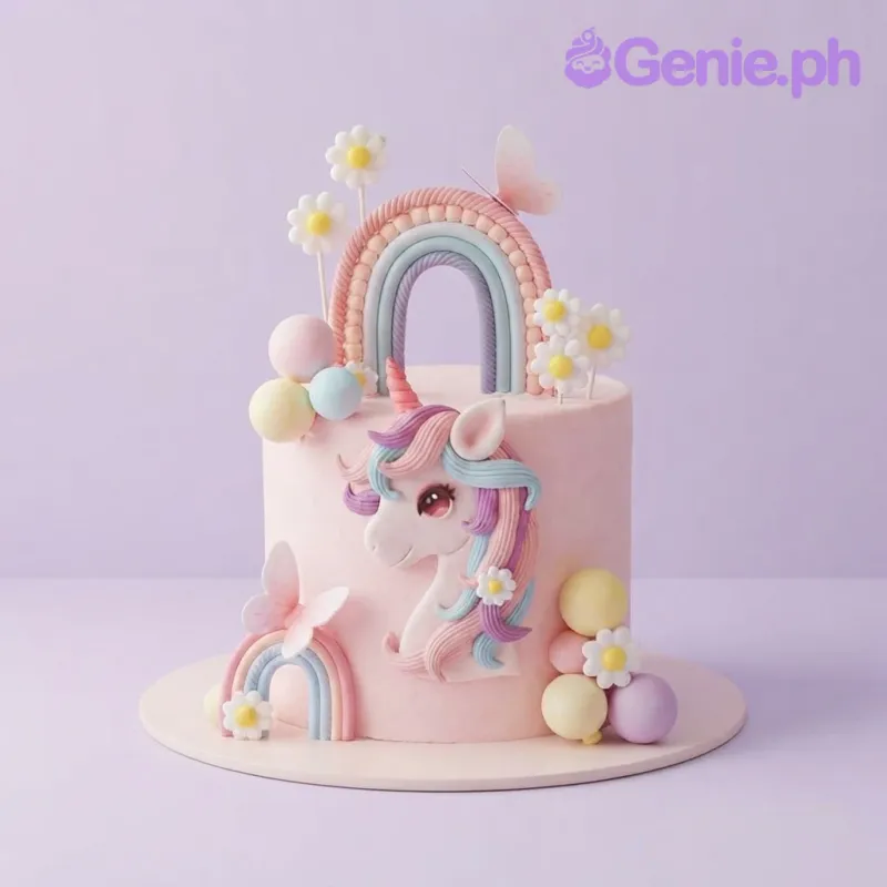 Pink 1-tier cake with a unicorn face, rainbow arch, pastel spheres, and daisy flowers Pink 1-tier cake with a unicorn face, rainbow arch, pastel spheres, and daisy flowers