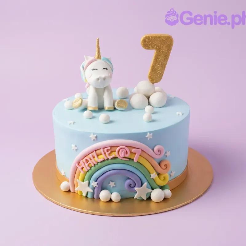 A light blue 1 Tier Fondant Unicorn cake with a 3D unicorn figure, a gold number seven, a colorful rainbow, and 'HAILIE @ 7' text. A light blue 1 Tier Fondant Unicorn cake with a 3D unicorn figure, a gold number seven, a colorful rainbow, and 'HAILIE @ 7' text.
