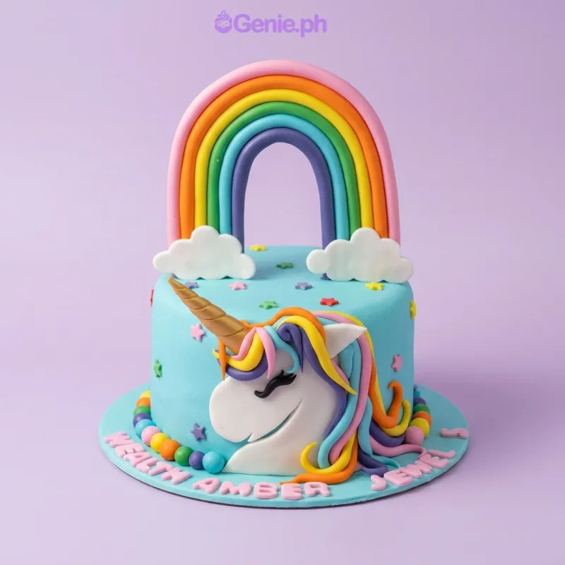 A blue 1 Tier Fondant unicorn cake, featuring a multi-colored rainbow, a unicorn face with a gold horn, and colorful accents. A blue 1 Tier Fondant unicorn cake, featuring a multi-colored rainbow, a unicorn face with a gold horn, and colorful accents.