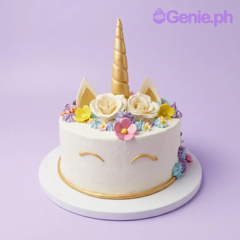 A white 1 Tier Unicorn cake with a gold horn, fondant ears, gold eyelashes, and colorful icing flowers. A white 1 Tier Unicorn cake with a gold horn, fondant ears, gold eyelashes, and colorful icing flowers.