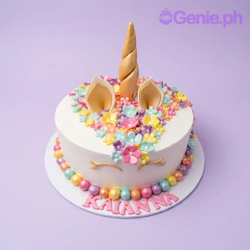A white and gold 1 Tier cake themed around Unicorn, featuring a horn, ears, multi-colored fondant flowers, and gold eyelashes. A white and gold 1 Tier cake themed around Unicorn, featuring a horn, ears, multi-colored fondant flowers, and gold eyelashes.