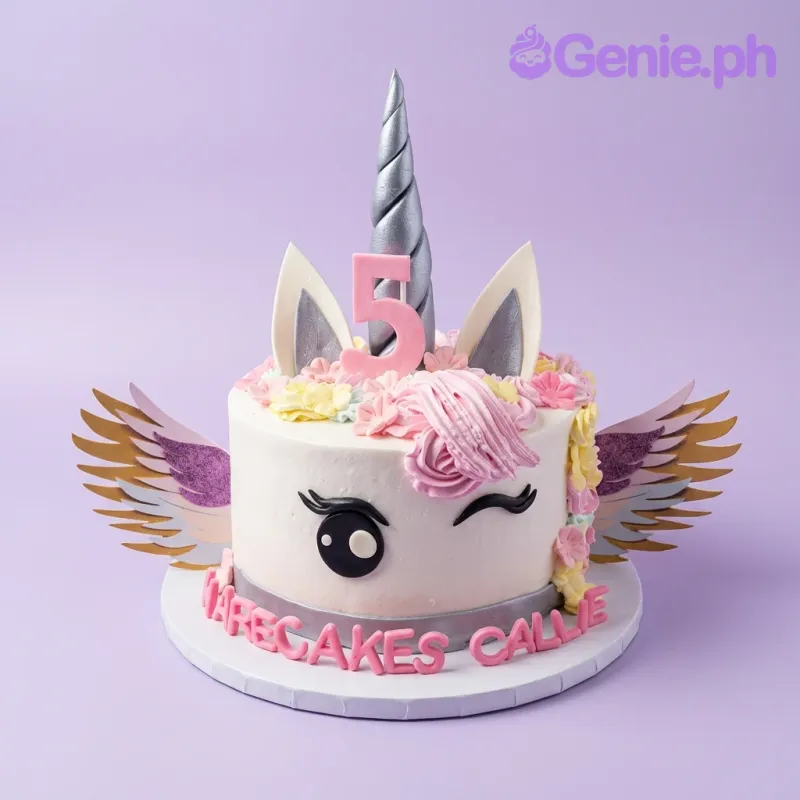 A white 1-tier Unicorn cake, featuring a silver horn, pink ears, pink '5', pink mane, and flowers. A white 1-tier Unicorn cake, featuring a silver horn, pink ears, pink '5', pink mane, and flowers.