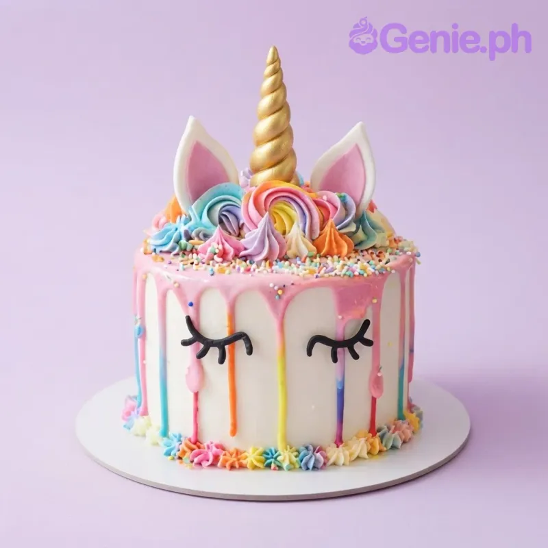 White 1-tier cake with a colorful drip, unicorn horn and ears, piped rosettes, and rainbow sprinkles White 1-tier cake with a colorful drip, unicorn horn and ears, piped rosettes, and rainbow sprinkles
