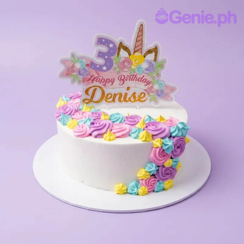 A white 1-tier Unicorn cake, featuring a large unicorn printout topper for Denise, and colorful icing rosettes. A white 1-tier Unicorn cake, featuring a large unicorn printout topper for Denise, and colorful icing rosettes.