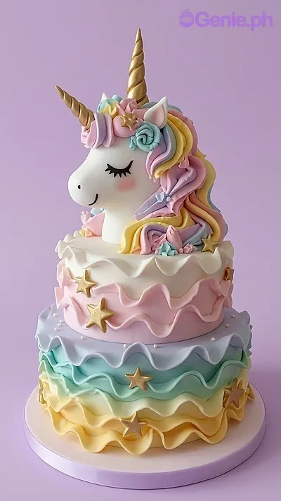 A white and pink two-tier unicorn cake, featuring a large unicorn head topper, pastel ruffles, and gold stars. A white and pink two-tier unicorn cake, featuring a large unicorn head topper, pastel ruffles, and gold stars.