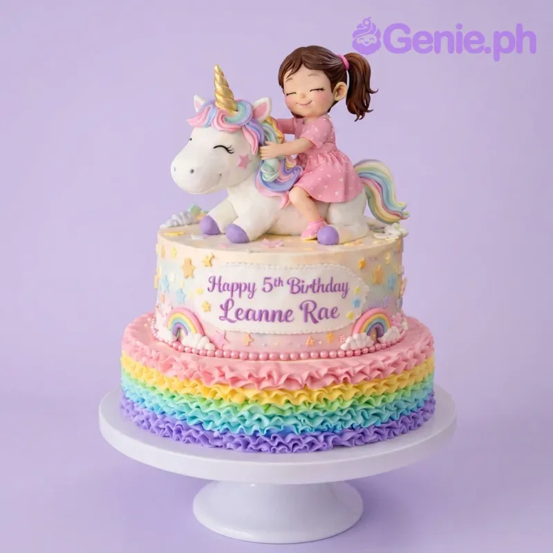 A white and multicolor two-tier cake themed around Unicorn, featuring a girl riding a unicorn topper and pastel stars, rainbows, and pearls. A white and multicolor two-tier cake themed around Unicorn, featuring a girl riding a unicorn topper and pastel stars, rainbows, and pearls.