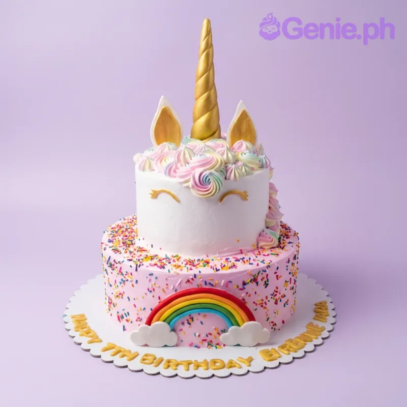 A white and pink two-tier cake themed around Unicorn, with a gold horn and rainbow accents. A white and pink two-tier cake themed around Unicorn, with a gold horn and rainbow accents.