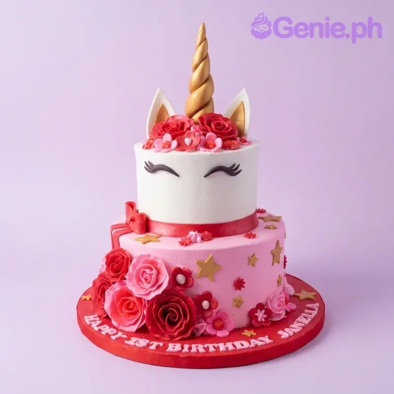 A white, pink, and red two-tier unicorn cake with a gold horn, roses, stars, and birthday text. A white, pink, and red two-tier unicorn cake with a gold horn, roses, stars, and birthday text.