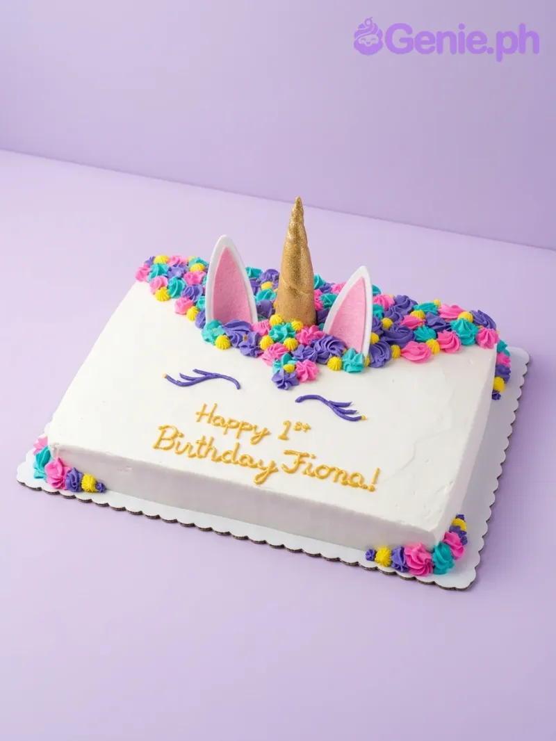 A white rectangular cake themed around Unicorn, featuring a gold horn, pink ears, colorful icing rosettes, and purple piped eyelashes. A white rectangular cake themed around Unicorn, featuring a gold horn, pink ears, colorful icing rosettes, and purple piped eyelashes.