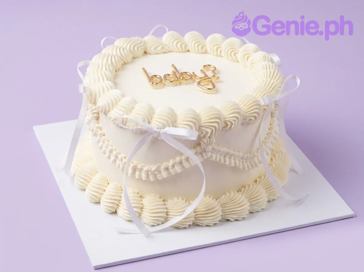A white and gold 1 Tier Vintage Baby cake, featuring a gold "baby?" topper, with piped icing ruffles and white satin bows. A white and gold 1 Tier Vintage Baby cake, featuring a gold "baby?" topper, with piped icing ruffles and white satin bows.