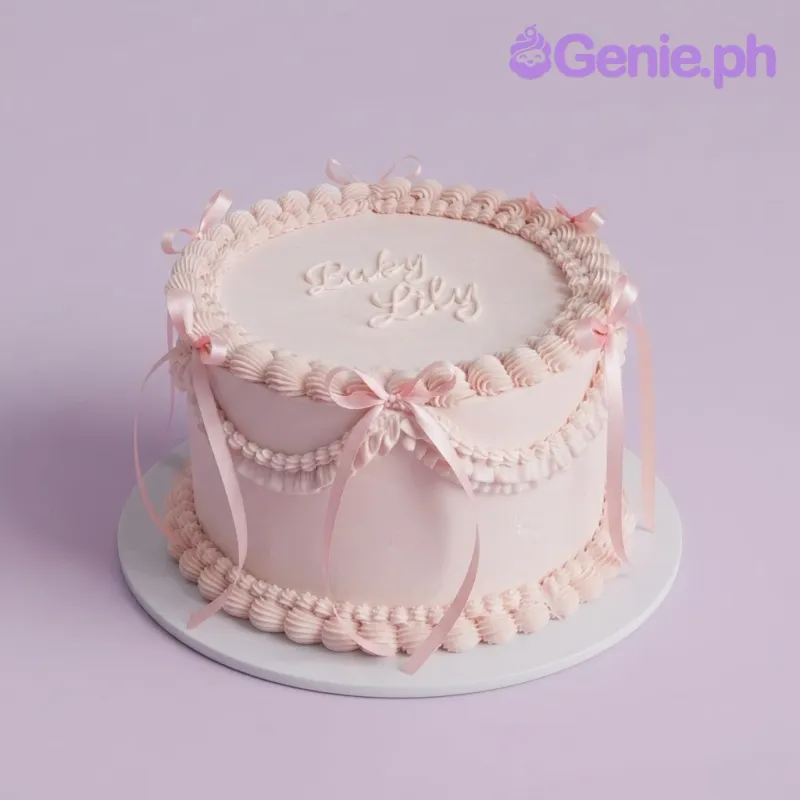 Light pink 2-tier cake with soft icing finish, vintage baby theme, thin satin ribbon bows, and piped shell borders Light pink 2-tier cake with soft icing finish, vintage baby theme, thin satin ribbon bows, and piped shell borders