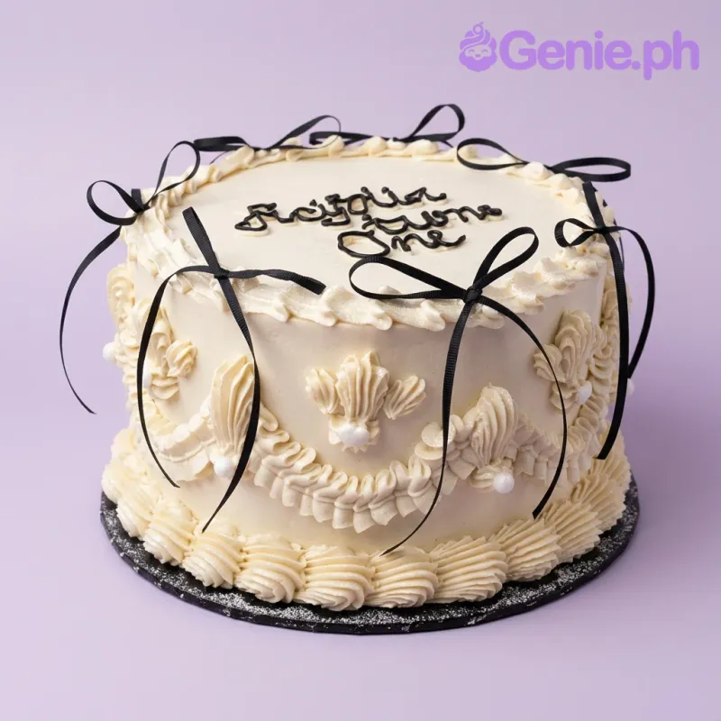 A cream and black 1-tier cake with a Vintage Black Bow theme, featuring piped ruffles, black satin bows, and 'Regina turns One' text. A cream and black 1-tier cake with a Vintage Black Bow theme, featuring piped ruffles, black satin bows, and 'Regina turns One' text.