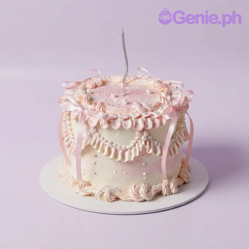 Ivory 1-tier cake with soft icing, pink piped ruffles, thin satin bows, and a silver candle Ivory 1-tier cake with soft icing, pink piped ruffles, thin satin bows, and a silver candle