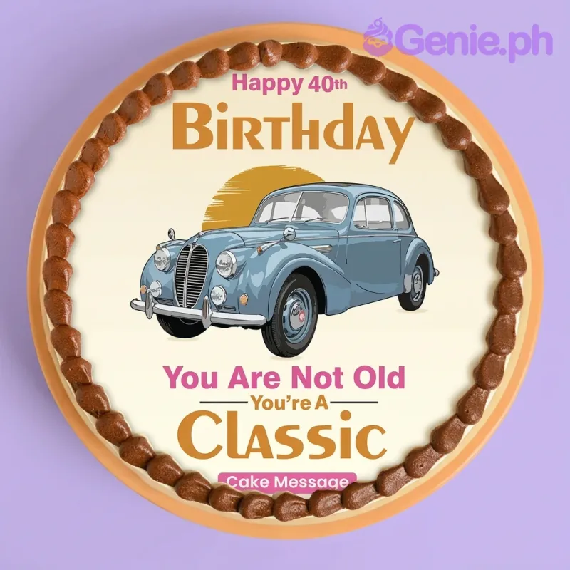 A white 1-tier round cake with a vintage car theme, featuring a blue car printout, brown icing border, and birthday text. A white 1-tier round cake with a vintage car theme, featuring a blue car printout, brown icing border, and birthday text.