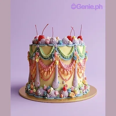 Yellow cake with colorful piped swags and red cherries on top Yellow cake with colorful piped swags and red cherries on top