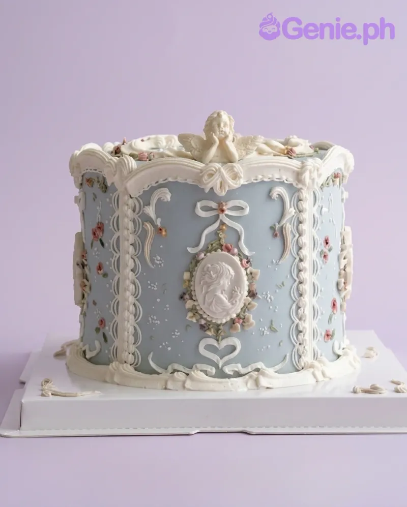 A light blue 1-tier Vintage Cherub cake, featuring a cherub figure, white Victorian piping, and a white cameo frame. A light blue 1-tier Vintage Cherub cake, featuring a cherub figure, white Victorian piping, and a white cameo frame.