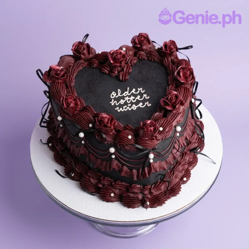 A black, red, and white heart-shaped 1-tier Vintage Heart cake with glittery red roses, rosettes, pearls, and text.