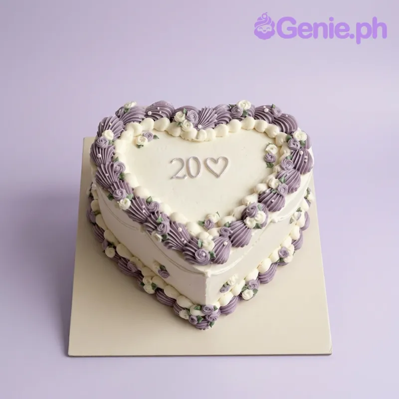 An ivory and purple 1-tier heart-shaped cake themed Vintage Heart, with piped rosettes, borders, and a "20 ♡" message. An ivory and purple 1-tier heart-shaped cake themed Vintage Heart, with piped rosettes, borders, and a "20 ♡" message.